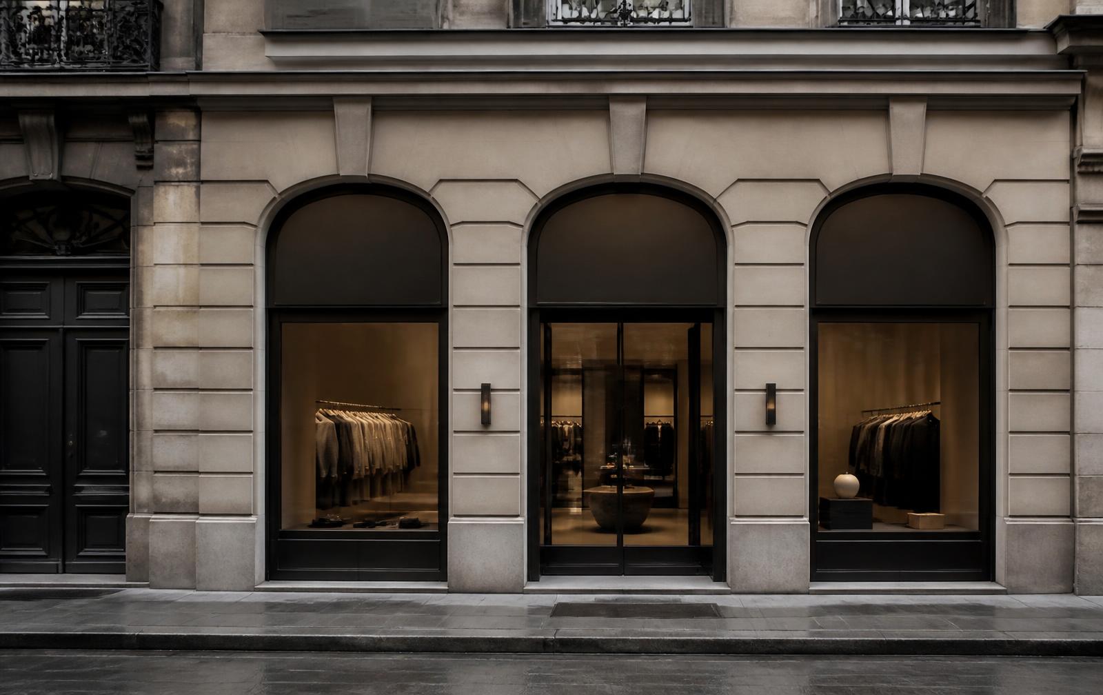 Façade discrète en pierre d'une boutique Maison Verglas sur une rue commerçante européenne
